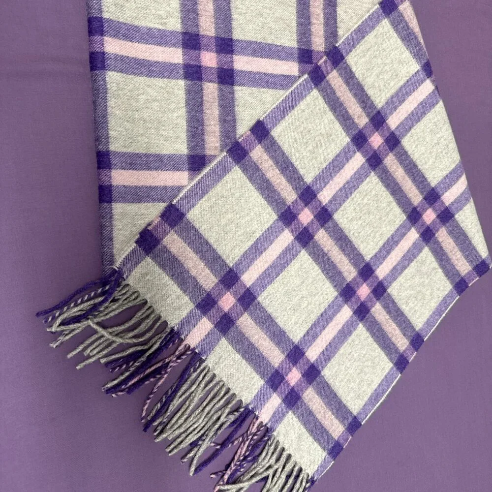 NWOT 100% Cashmere Scarf UNISEX  Plaid Gray & Purple